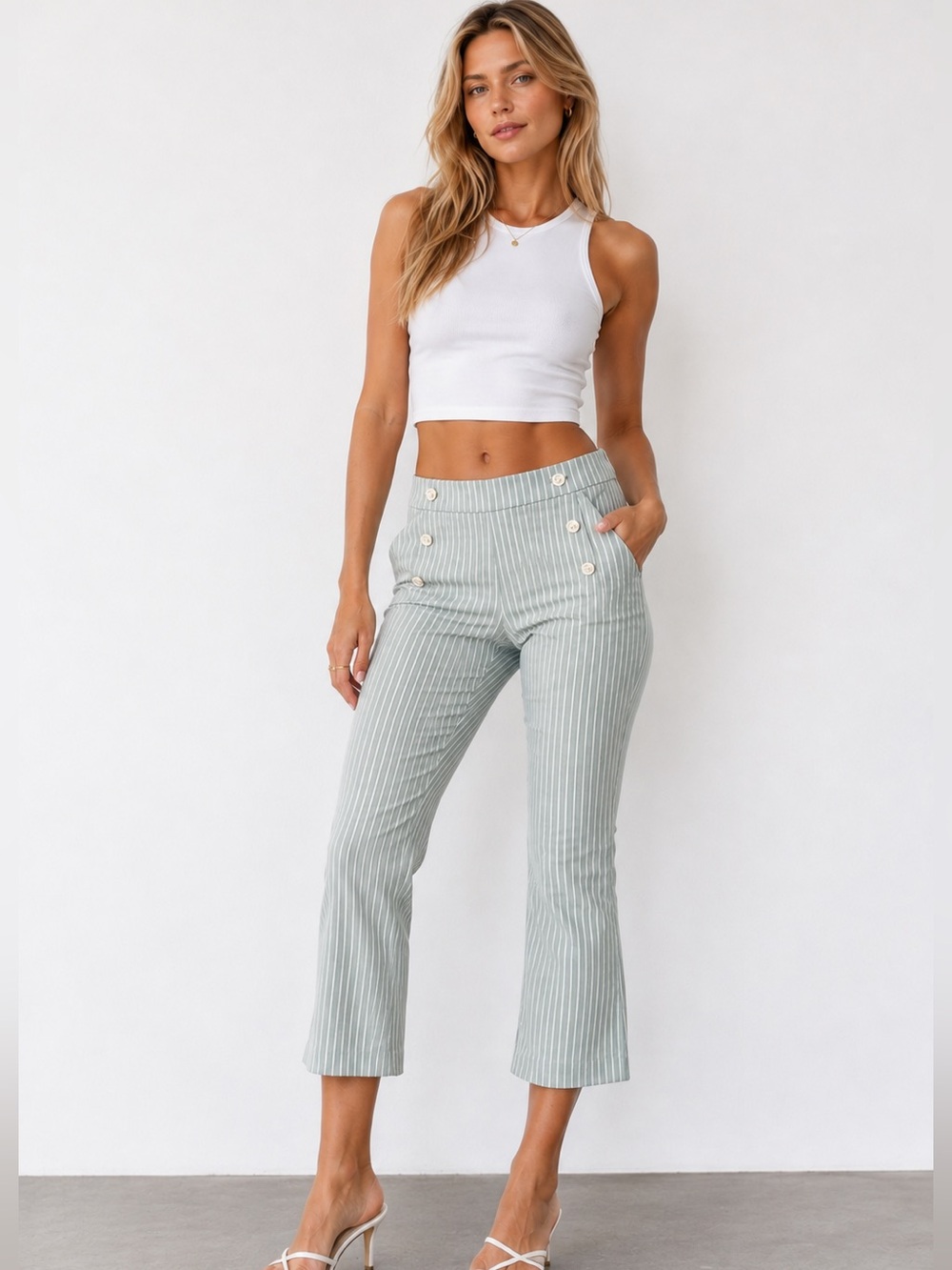 Jules & Leopold Striped High-Waist Cropped Pants in Light Sage mint green XS